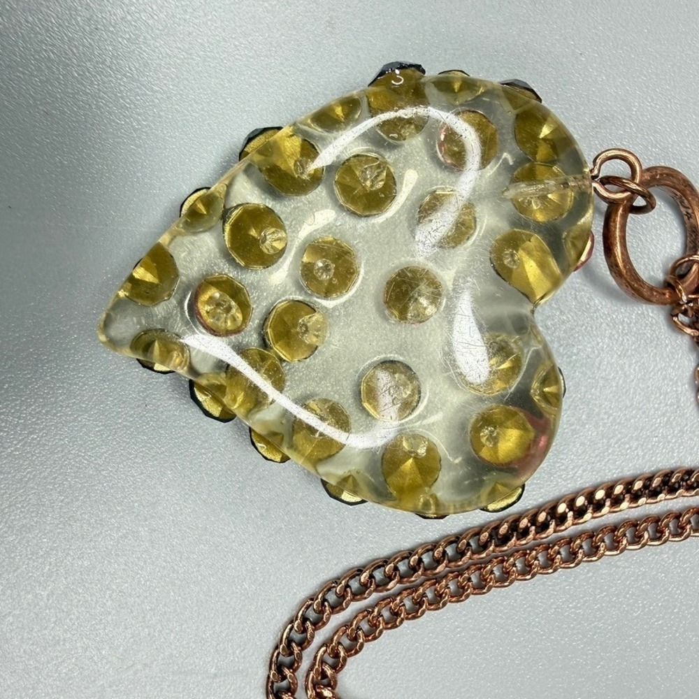 Betsey Johnson Lucite Puffy Heart Necklace Multi-Color Rhinestone 40" Long Opera - Picture 5 of 8